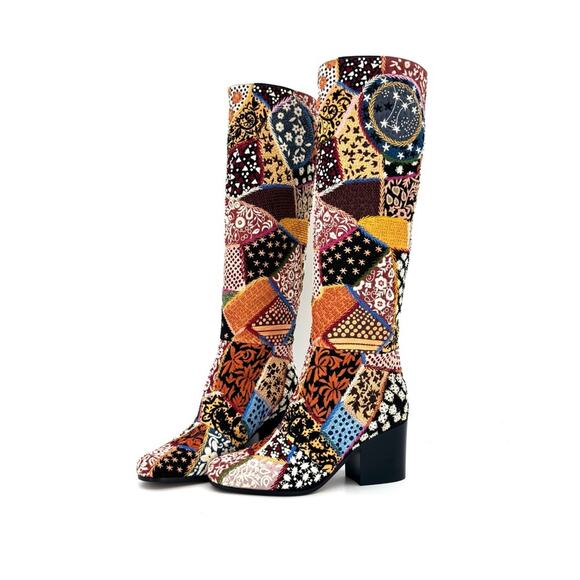 NEW Dior Diorage Patchwork Embroidered Beaded Peace Love Knee High Boots 36.5 - Picture 3 of 11